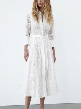 Zara White Eyelet Broderie Cotton Dress XXL